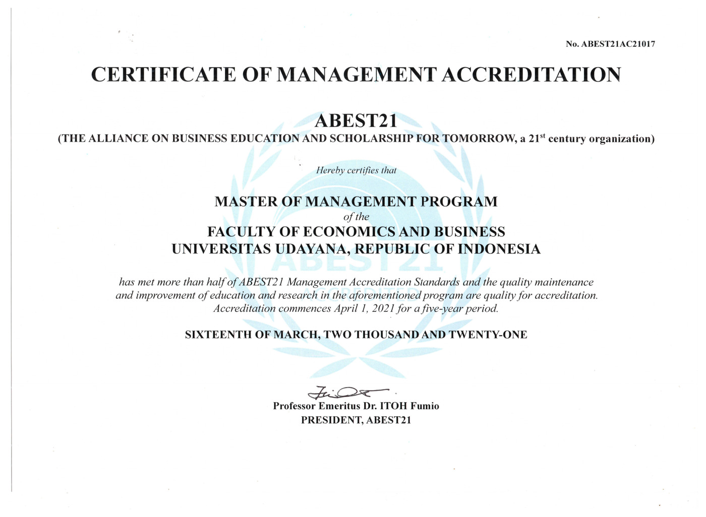 Sertifikat Akreditasi Internasional ABEST21 Magister Manajemen FEB Universitas Udayana